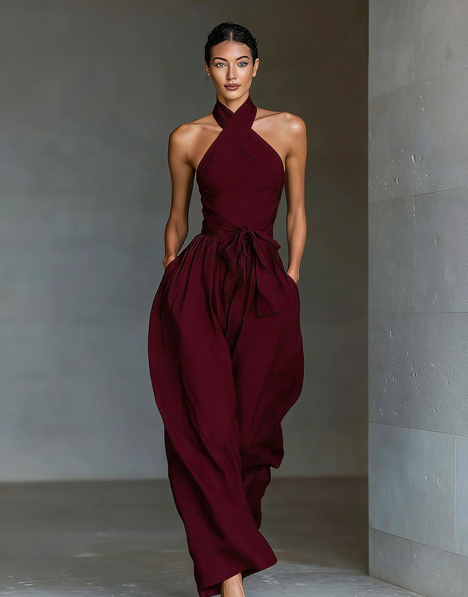Ivory Halter Tie-Waist Wide-Leg Jumpsuit